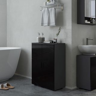 Mueble de Baño Ahorra Espacio en Madera de 2 Puertas, Armario de Baño con Cierre Soft Close y 3 Estantes, 60X30X82Cm, Negro Brillante