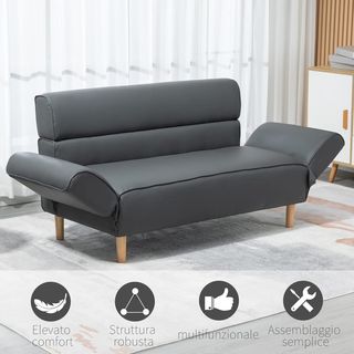 Sofá de 2 Plazas Convertible en Sofá Cama Individual con Brazos Regulables, Tapizado Efecto Piel Gris, 164X71X75Cm