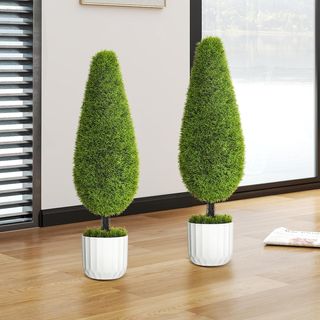 Juego de 2 Plantas Artificiales para Interiores, Ciprés Falso, Macetas Ø12X16 Cm, Musgo y Cemento, Plantas Artificiales Realistas de 90 Cm en PE y Plástico, Verde y Blanco