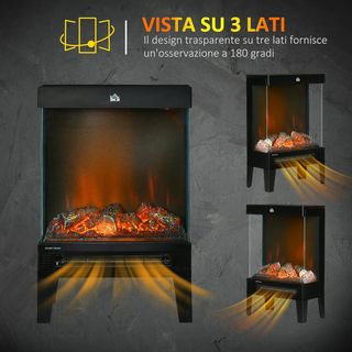 Chimenea Eléctrica en 3 Lados, Potencia 1000/2000W Chimenea Eléctrica con Llama LED Realista, Control de Temperatura, Termostato, Protección Contra Sobrecalentamiento, 40.5X20X62 Cm, Negro