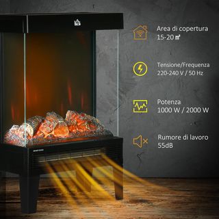 Chimenea Eléctrica en 3 Lados, Potencia 1000/2000W Chimenea Eléctrica con Llama LED Realista, Control de Temperatura, Termostato, Protección Contra Sobrecalentamiento, 40.5X20X62 Cm, Negro