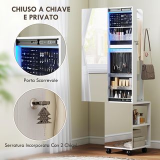 Espejo Joyero Con Luz LED, Armario Joyero Con Espejo, Perchero, Cierre Con Llave Y Estantes Posteriores, Giratorio a 360°, para Dormitorio Sala, 37X40X165.5Cm, Blanco Y Negro