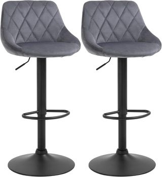 Conjunto de 2 Taburetes de Bar con Altura Regulable, Base de Metal y Asiento de Piel Sintética, Taburetes Altos Modernos Giratorios con Respaldo y Reposapiés 46X48X83-104Cm, Gris y Negro