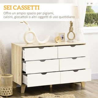 Cómoda de Dormitorio 6 Cajones, Comoda Moderna con Patas en Trapezio y Manijas Talladas, Mueble para Pasillo, Sala de Estar y Habitación Infantil en Madera, 120X40X76 Cm, Blanco y Roble