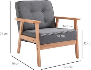 Sillón Vintage Estilo Escandinavo Suave y Amortiguado Con Acolchado a Botones y Piping en los Bordes del Cojín Madera de Caucho, Lino Gris Max: 120 Kg 64.5X70X74Cm