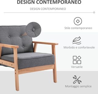 Sillón Vintage Estilo Escandinavo Suave y Amortiguado Con Acolchado a Botones y Piping en los Bordes del Cojín Madera de Caucho, Lino Gris Max: 120 Kg 64.5X70X74Cm