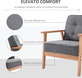 Sillón Vintage Estilo Escandinavo Suave y Amortiguado Con Acolchado a Botones y Piping en los Bordes del Cojín Madera de Caucho, Lino Gris Max: 120 Kg 64.5X70X74Cm