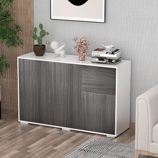 Mueble Armario Multiuso para Sala de Estar, Cocina, Oficina, 2 Cajones y 2 Armarios con Apertura a Presión, Gris