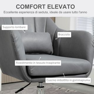 Silla Giratoria a 360° con Altura Regulable en Poliéster, Silla Moderna con Cojín, Soporte Lumbar y Reposabrazos, 60X60X79-91 Cm, Gris Oscuro