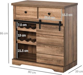 Credenza con 2 cassetti, ripiani aperti e portabottiglie, credenza rustica in legno e metallo, 80x39x86 cm, colore legno