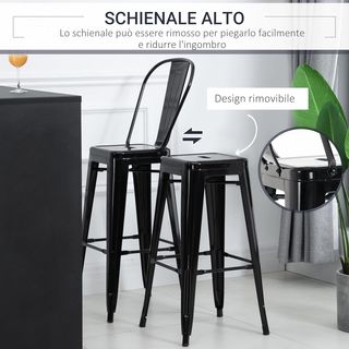 Conjunto de 4 Taburetes Ergonómicos con Respaldo Extraíble y Reposapiés, Taburetes de Cocina de Metal, 44X46X116 Cm, Negro