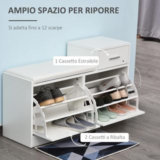 Zapatero Moderno Con Banco Tapizado para 12 Pares de Zapatos, Mueble de Entrada Con Zapatero, Madera, Elegante, Amplio, 94,5X57X30 Cm, Blanco
