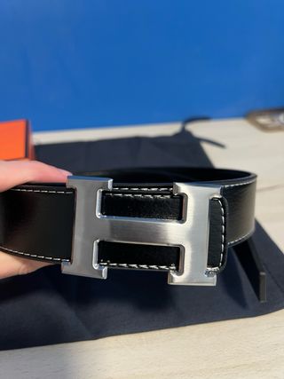 Cinturón Hermes Negro Hebilla H Plata