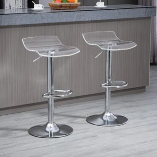 Conjunto de 2 Taburetes de Bar con Altura Regulable, Taburetes de Cocina Altos con Asiento Giratorio y Reposapiés de Metal y Acrílico, 39X39X67-87 Cm, Transparente