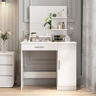 Toallero de Maquillaje con Espejo, Estación de Maquillaje con Cajón, Armario, Estantes Abiertos y Estante Regulable, Mesa de Tocador para Dormitorio, Moderna, 90X38X138 Cm, Blanca