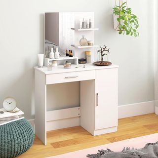 Toallero de Maquillaje con Espejo, Estación de Maquillaje con Cajón, Armario, Estantes Abiertos y Estante Regulable, Mesa de Tocador para Dormitorio, Moderna, 90X38X138 Cm, Blanca