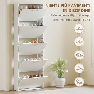 Zapatero Salvaspacio Slim Alto Con 5 Puertas Abatibles, Zapatero de Entrada Con Superficie Superior para Objetos, Porta Zapatos Salvaspacio para 15 Pares Con Asa, 65X17X180.5 Cm, Blanco