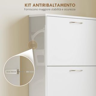 Zapatero Salvaspacio Slim Alto Con 5 Puertas Abatibles, Zapatero de Entrada Con Superficie Superior para Objetos, Porta Zapatos Salvaspacio para 15 Pares Con Asa, 65X17X180.5 Cm, Blanco