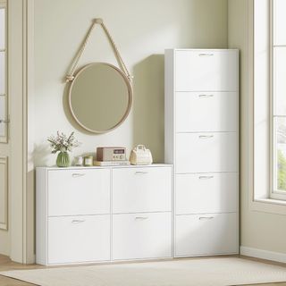 Zapatero Salvaspacio Slim Alto Con 5 Puertas Abatibles, Zapatero de Entrada Con Superficie Superior para Objetos, Porta Zapatos Salvaspacio para 15 Pares Con Asa, 65X17X180.5 Cm, Blanco