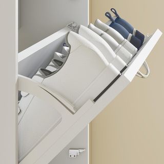 Zapatero Salvaspacio Slim Alto Con 5 Puertas Abatibles, Zapatero de Entrada Con Superficie Superior para Objetos, Porta Zapatos Salvaspacio para 15 Pares Con Asa, 65X17X180.5 Cm, Blanco