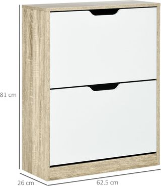 Zapatero Salvaspacio Slim Con 2 Puertas Abatibles, Zapatero de Entrada Con Estantes Regulables, Porta Zapatos para 8 Pares Con Asa Integrada, 62.5X26X81 Cm, Color Madera y Blanco