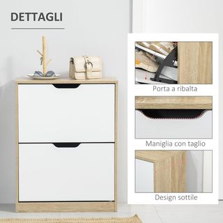 Zapatero Salvaspacio Slim Con 2 Puertas Abatibles, Zapatero de Entrada Con Estantes Regulables, Porta Zapatos para 8 Pares Con Asa Integrada, 62.5X26X81 Cm, Color Madera y Blanco