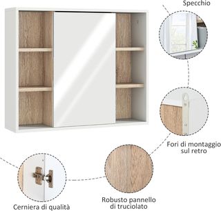 Mueble de Baño con Espejo, 3 Estantes Laterales y Estante Interior Regulable, Espejo de Baño Contenedor de Madera, 60X14.5X49.4 Cm, Blanco y Color Madera