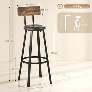 Conjunto de 2 Taburetes de Bar con Respaldo, Taburetes de Cocina de Piel Sintética con Reposapiés, Sillas de Bar Altas Estilo Industrial para Sala de Estar, Comedor, Cocina, Marrón Rústico
