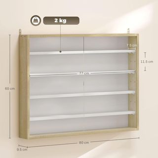 Vitrina Expositiva de Pared con 4 Estantes Regulables, Vitrinita para Coleccionismo, Exhibidor de Pared para Objetos de Colección, en Vidrio y Aglomerado, 80X9.5X60 Cm, Blanco y Color Madera
