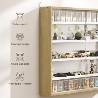 Vitrina Expositiva de Pared con 4 Estantes Regulables, Vitrinita para Coleccionismo, Exhibidor de Pared para Objetos de Colección, en Vidrio y Aglomerado, 80X9.5X60 Cm, Blanco y Color Madera