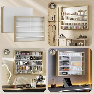 Vitrina Expositiva de Pared con 4 Estantes Regulables, Vitrinita para Coleccionismo, Exhibidor de Pared para Objetos de Colección, en Vidrio y Aglomerado, 80X9.5X60 Cm, Blanco y Color Madera