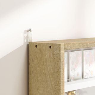 Vitrina Expositiva de Pared con 4 Estantes Regulables, Vitrinita para Coleccionismo, Exhibidor de Pared para Objetos de Colección, en Vidrio y Aglomerado, 80X9.5X60 Cm, Blanco y Color Madera