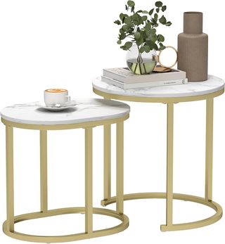 Tavolo da Salotto Impilabile con Piano Effetto Marmo, Tavolo da Salotto Moderno con Gambe Regolabili in MDF e Acciaio, per Soggiorno, Camera da Letto, Bianco e Oro