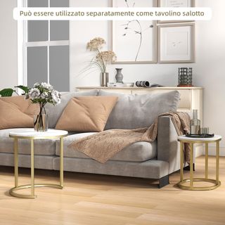 Tavolo da Salotto Impilabile con Piano Effetto Marmo, Tavolo da Salotto Moderno con Gambe Regolabili in MDF e Acciaio, per Soggiorno, Camera da Letto, Bianco e Oro