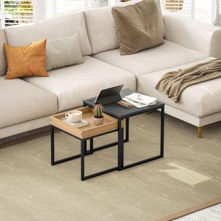 Set di 2 tavoli da caffè moderni con gambe a U, tavoli in legno e acciaio, 45X45X45 cm e 40X40X40 cm, nero