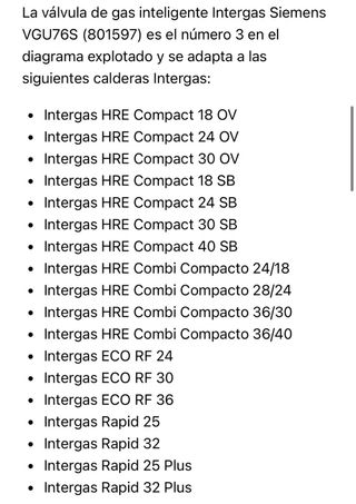 Válvula Gas Siemens caldera Intergas VGU76S