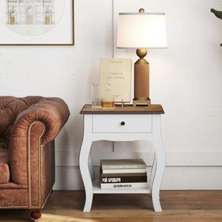 Mesita de Noche con Cajón y Estante Abierto en Estilo Francés, Mesita Estrecha Ahorra Espacio en MDF, 45X35X55 Cm, Blanco y Roble