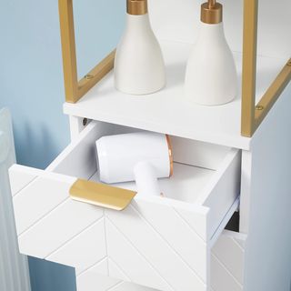 Mueble De Baño, Mueble Columna Baño Con Cajón, Armario Y Estante De Madera Y Metal, 30X30X105Cm, Blanco