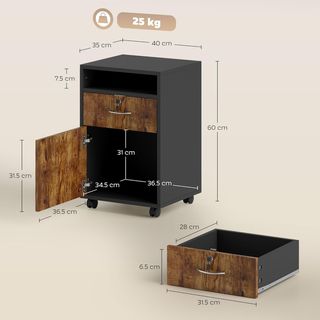 Archivador De Oficina Con Cajón, Ruedas Con Freno Y Estante Abierto, Cajonera De Oficina Con Cerradura Y 2 Llaves Para Carta/Legal/Formato A4, Armario Para Estudio, 40X35X60Cm, Marrón