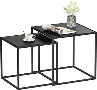 Set di 2 Tavolini da Caffè Impilabili Quadrati, Tavolini da Salotto in Acciaio, Nero