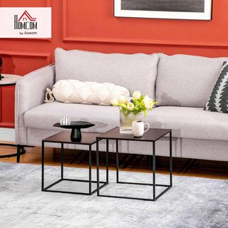 Set di 2 Tavolini da Caffè Impilabili Quadrati, Tavolini da Salotto in Acciaio, Nero