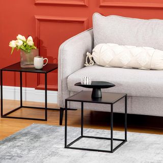 Set di 2 Tavolini da Caffè Impilabili Quadrati, Tavolini da Salotto in Acciaio, Nero