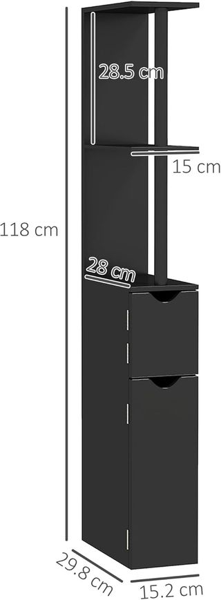 Mueble de Baño Ahorra Espacio en Columna con 2 Estantes y 2 Armarios, Columna de Baño de Madera para Sala de Estar, 15.2X29.8X118 Cm, Negro