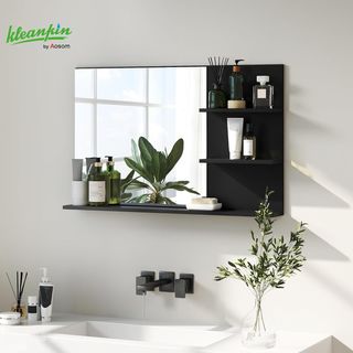 Espejo de Baño Moderno Con 2 Estantes Laterales Y Estante Inferior, Espejo De Pared en MDF Y Vidrio, 75X10X48 Cm, Negro