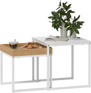 Set di 2 Tavoli da Caffè Impilabili con Vassoio, Tavolo da Salotto Moderno in Acciaio per Soggiorno e Ufficio, 45X45X45 cm e 40X40X40 cm, Bianco e Rovere