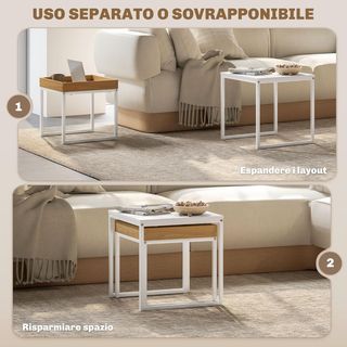 Set di 2 Tavoli da Caffè Impilabili con Vassoio, Tavolo da Salotto Moderno in Acciaio per Soggiorno e Ufficio, 45X45X45 cm e 40X40X40 cm, Bianco e Rovere