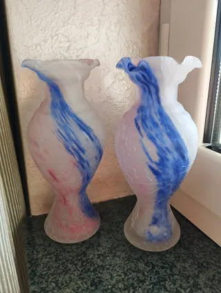 Coppia Vasi Vetro Satinato 20cm Murano Rosa Blu