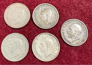 Lote 5 Monedas Sixpence Británicas Antiguas plata