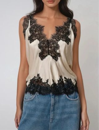 Top satén INNOVARE encaje negro blanco Talla M