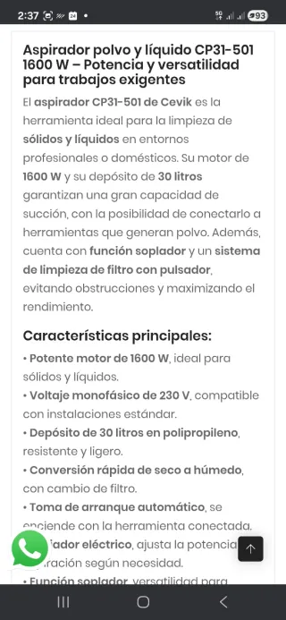 Alquiler/venta Aspirador Cevik CP31-501 Seco/Húmed